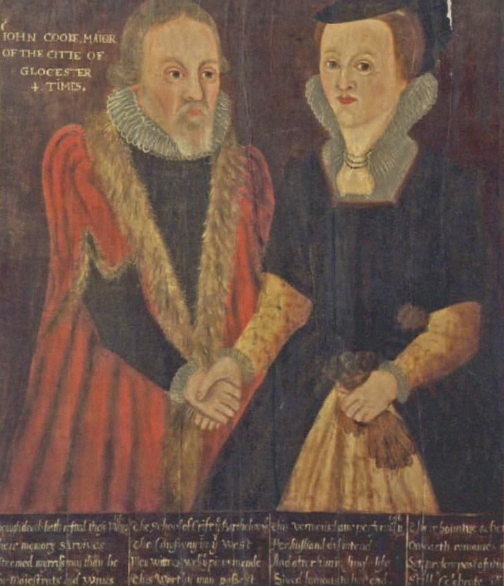 This is one of 12 civic portraits from the city of Gloucester and depicts husband and wife John (d.1528) and Joan (d.1545) Cooke. It was painted long after the sitters died, probably around 1600, to commemorate and celebrate their achievements and to serve as a reminder to follow their example of good citizenship. John is depicted wearing his mayor’s robe and Joan holds a pair of gloves. These may be John’s Freeman’s gloves, displaying the civic status of both John and Joan who is holding them. The inscription records that Joan continued the charitable work of John following his death. <br />
<br />
This sort of portrait would be displayed in public places like town- or guildhalls. The display of portraits of former mayors and other notable members of the town corporation constructed a sense of collective identity and promoted the status of the civic body. Members of the gentry would display pictures of important ancestors in their homes to highlight their status through family lineage, but members of the urban elite could display pictures of their civic predecessors to demonstrate their civic lineage. As such, remembrance of the virtues of past leaders could be used to bolster the status, authority and position of current officeholders within the community.